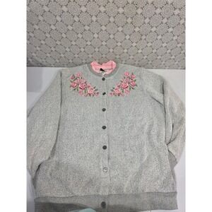 Bon Worth‎ Womens Cardigan Sweater L Gray Pink Rose Floral Embroidered Button Up